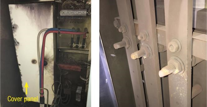 L. Arc flash damage to the rear compartment of switchboard. R. Protruding fuse-holder bolts in busbars.