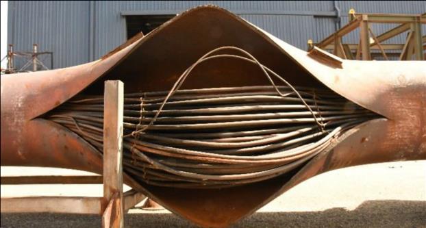 Regeneration gas heater showing area of ductile failure, vessel and heating bundle deformation
