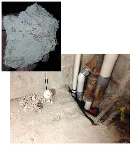 Work area showing asbestos-containing debris and close up of asbestos-containing debris
